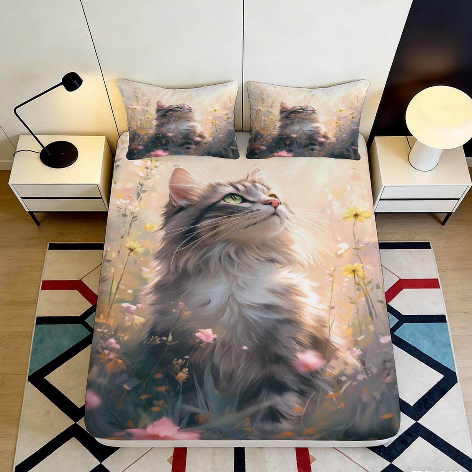 3D Printed Cat Meadow Fitted Sheet Microfiber Soft Breathable Kitten Flowers Mattress Cover for Bedroom Dorm Decor 90x200x25cm