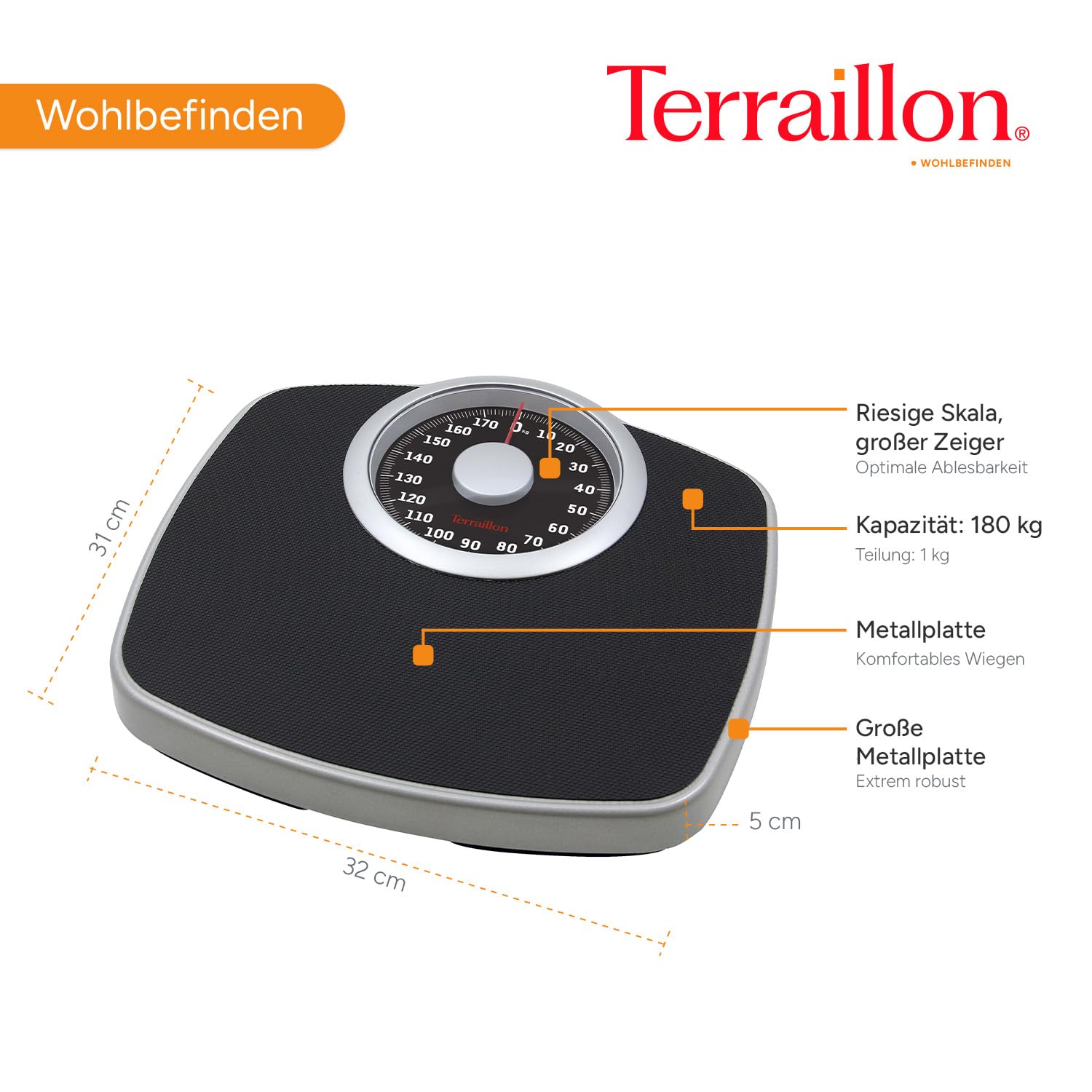 TERRAILLON - NEO T – Mechanische Personenwaage, große Metallplatte mit Anti-Rutsch-Beschichtung, großes Zifferblatt mit hoher Lesbarkeit, robuste Waage, Kapazität 180 kg, Skalierung 1 kg, Schwarz und