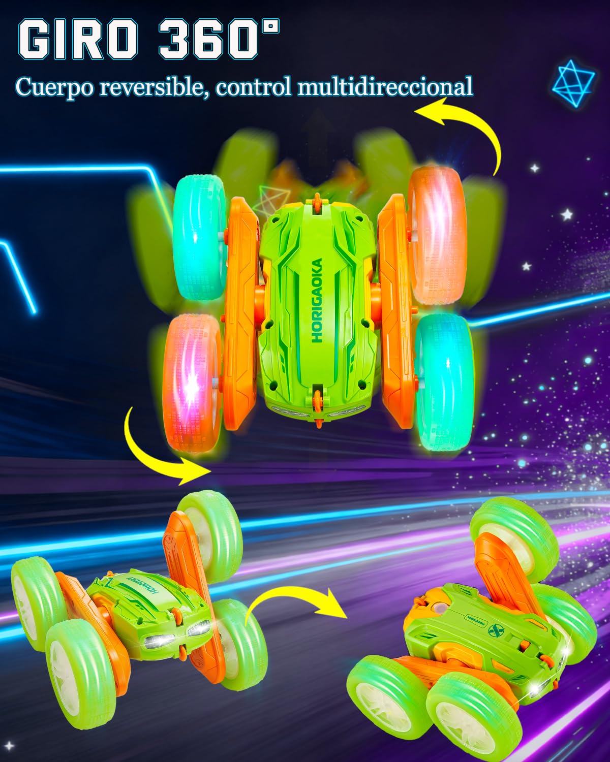 Fantocemea Coche Teledirigido, Luces LED Geniales, Coche RC con Efecto de Niebla, 2.4 GHz 360° Giro de Doble Cara, Regalo de Acrobacias para Niños de 6 a 12 Años（Verde — view 3