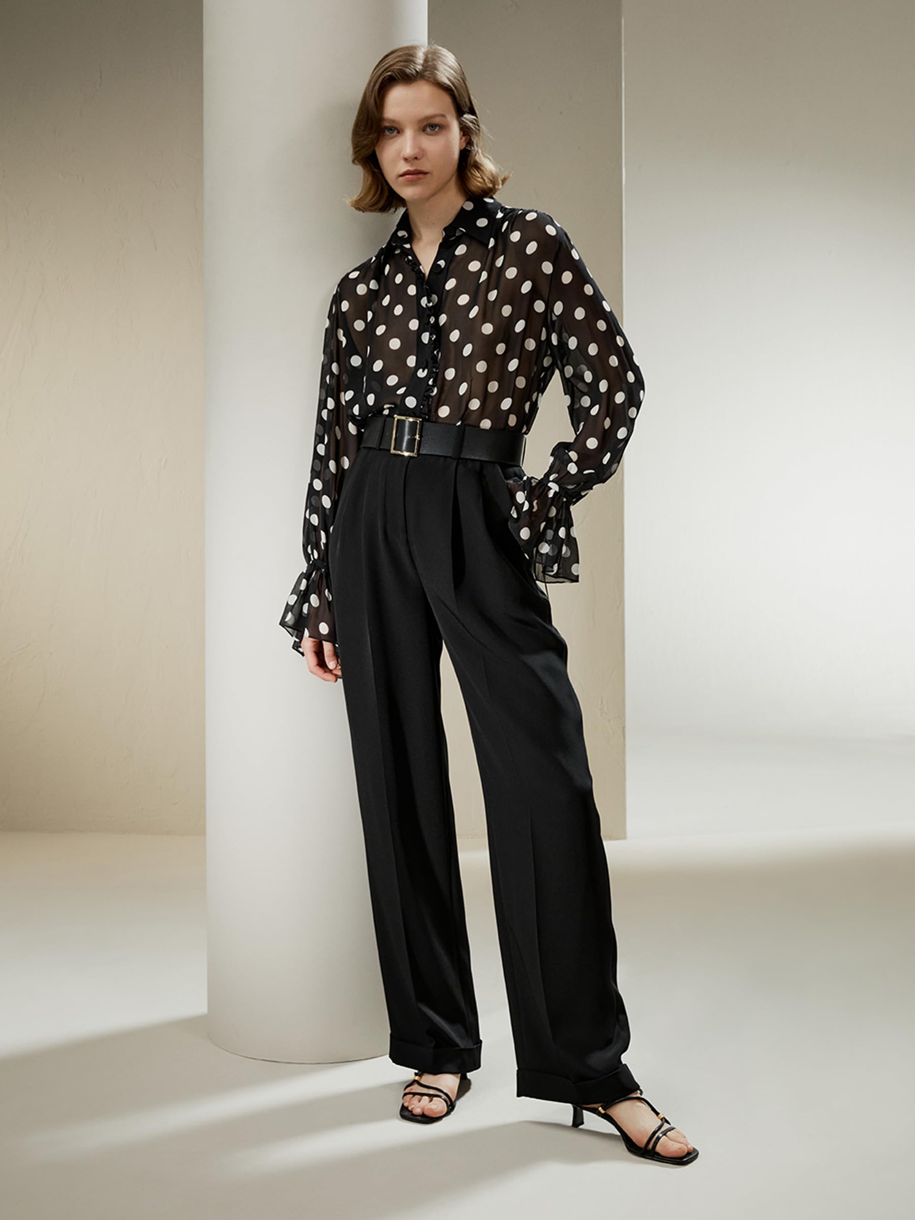 LilySilk Damen Seidenhemd Frauen weiße Dot Print Bluse mit Schleifen Ärmeln und Rüschen Knopfleiste am Knopfverschluss leicht und glatt