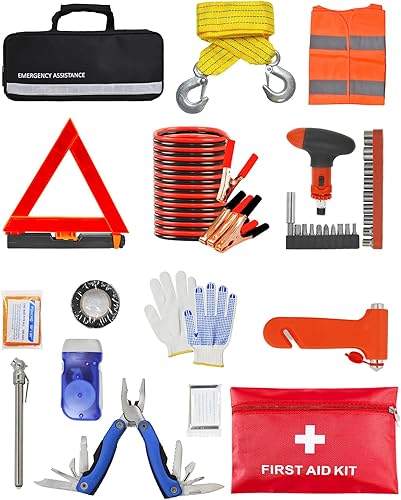 itanso Kit de emergencia para automóvil en carretera, 43 piezas, kit de primeros auxilios de asistencia de seguridad, incluye cables de puente
