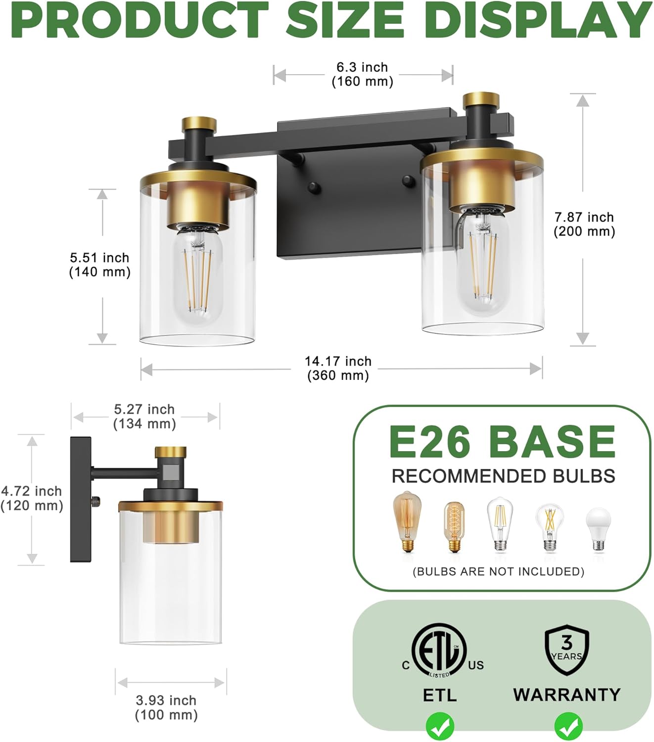 DORESshop 2-Light Black and Gold Bathroom Light Fixtures, Vanity Lights Fixture with Clear Glass Shade, Bathroom Vanity Light for Mirror Kitchen Bedroom, Modern Wall Lights Over Mirror
