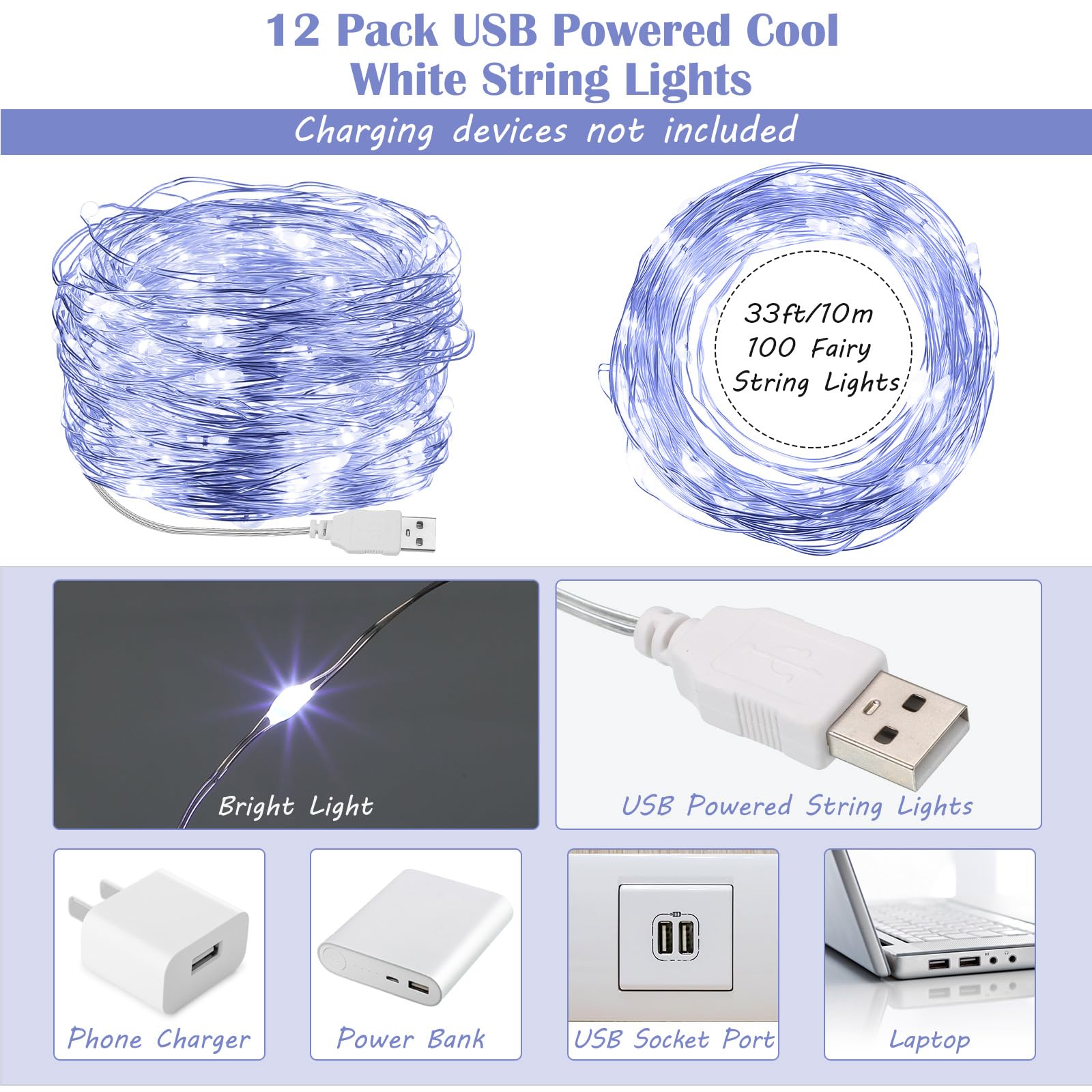Macarrie Guirnalda de 12 luces USB de 33 pies, 100 luces LED alimentadas para interiores y exteriores, boda, fiesta, árbol, hogar, festival, decoración de jardín