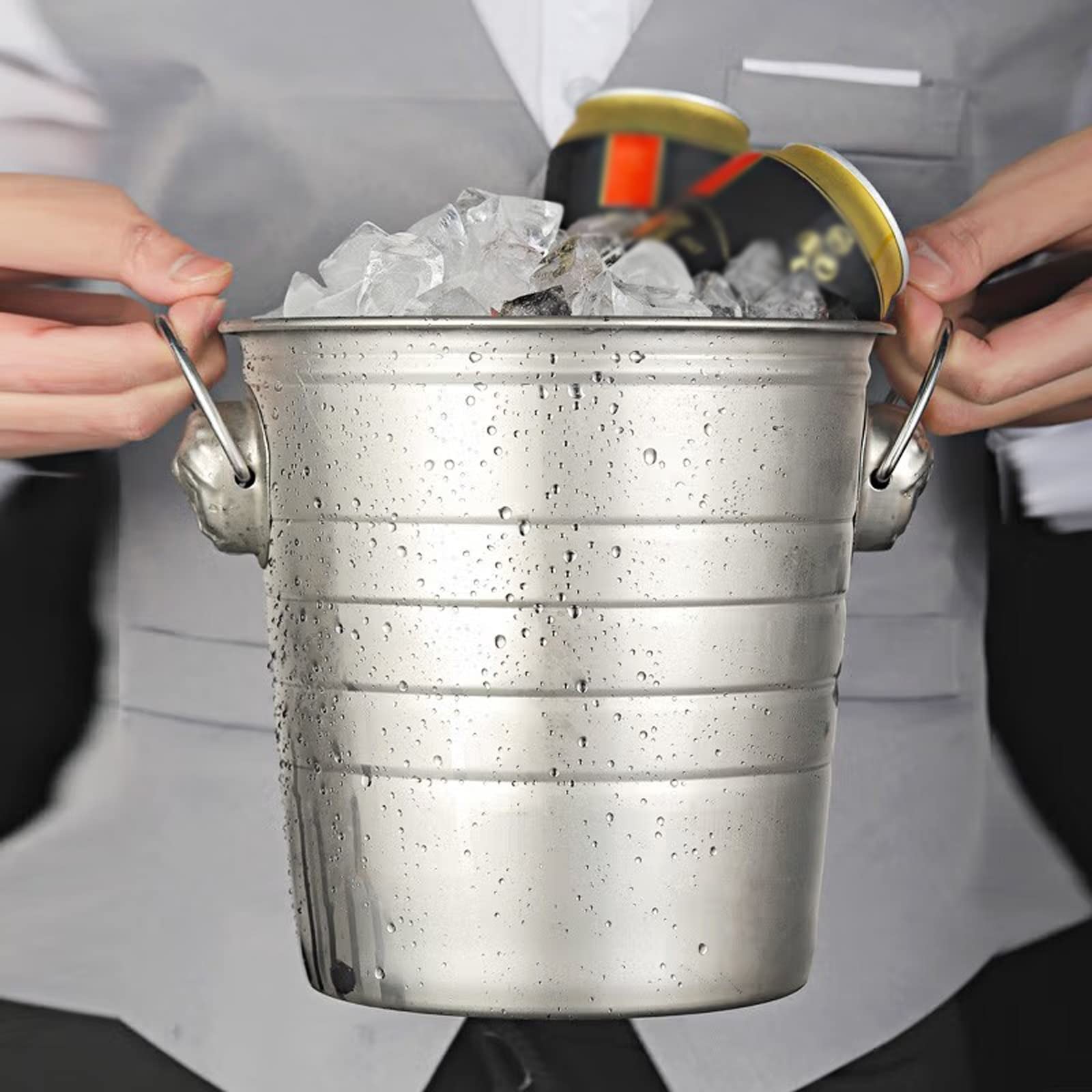 Cubos de hielo Cubo de hielo Cubo de hielo para champán con asa montada en anillo Enfriador de vino de acero inoxidable para bar de cócteles Cerveza Vino tinto Licor Bebidas Fiesta, Hielo congelado