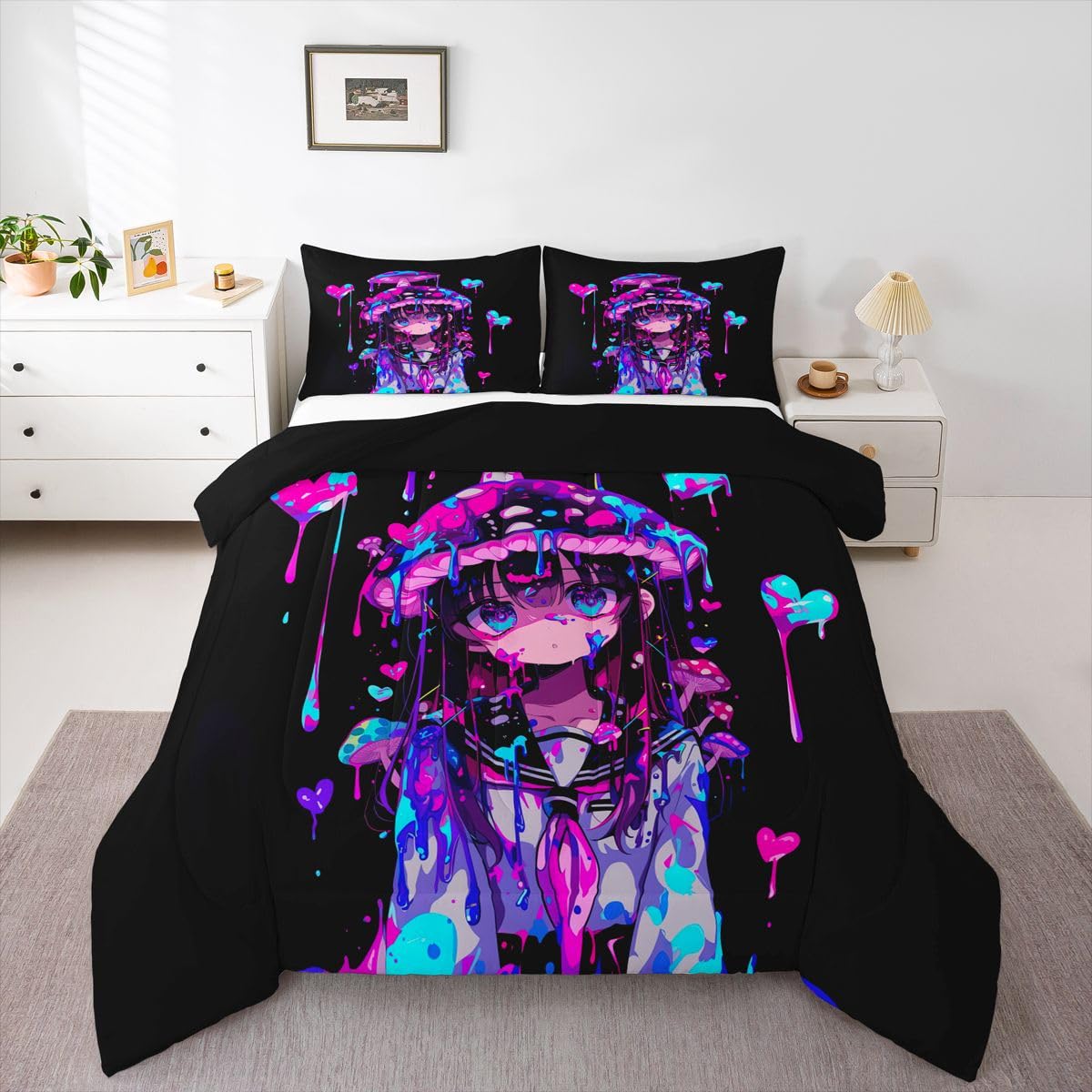 Erosebridal Mushroom Girl Comforter Set for Kids Boys Girls 3D Japanese Girly Bedding Watercolor Graffiti Duvet Set Cute Anime Gifts Comforter Queen with 2 Pillowcases