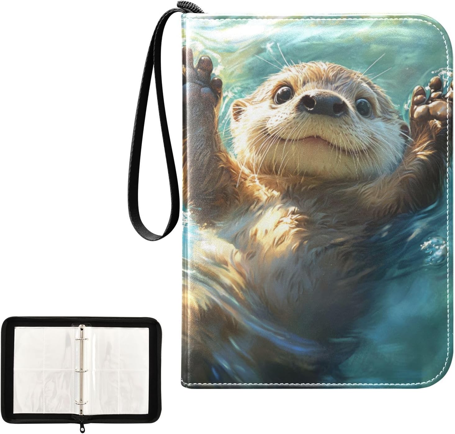 Otter Floating Water Card Binder 4 Pocket Portable Trading Collection Album Holder Binder Game Card Case Book with Zipper 400 Game Cards 50 Removable Sleeve