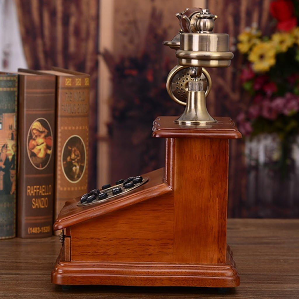 WD Classic Solid Wood Wired Fixed Phone with Rotating Dial and Metal Ringtones