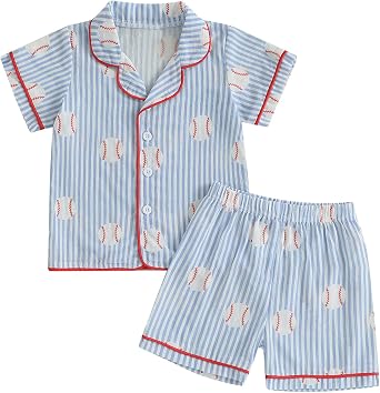 Kids Baby Boy Girl Baseball Outfits Baseball Button Down Pajamas Shirts Tops and Shorts Baby Pjs Lounge Sets