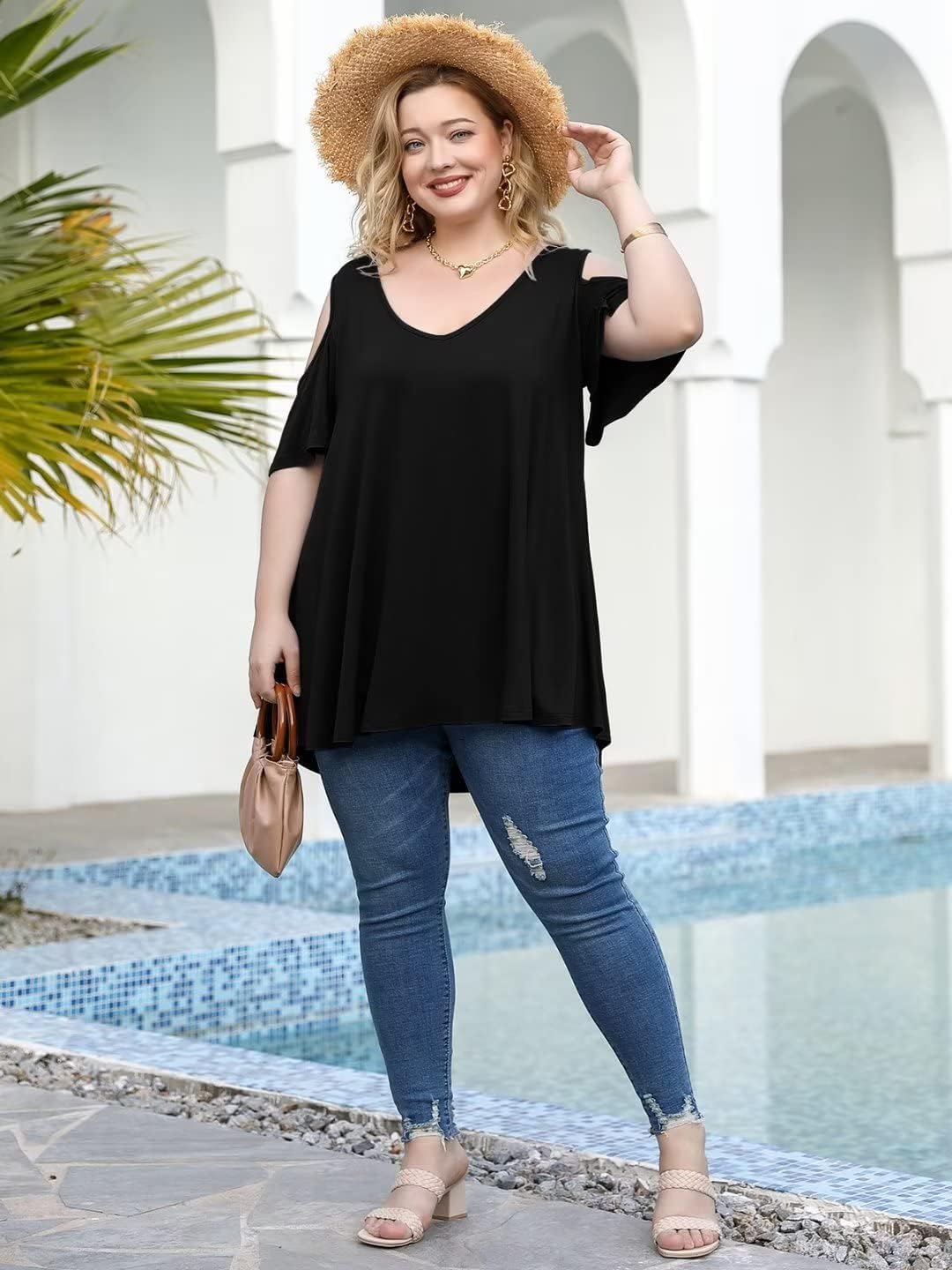 LARACE Plus Size Tunic Tops For Women V neck Short Sleeve T-shirt Cold Shoulder Loose Summer Tops Blouse - Image 5