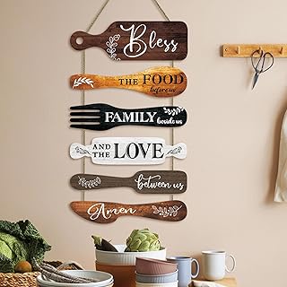 LB 6Pcs Farmhouse Kitchen Decor Bless the Food Before Us Dining Room Wall Decor Rustic Wooden Roped Sign Country Collage Wall Art Kitchen Decorations
