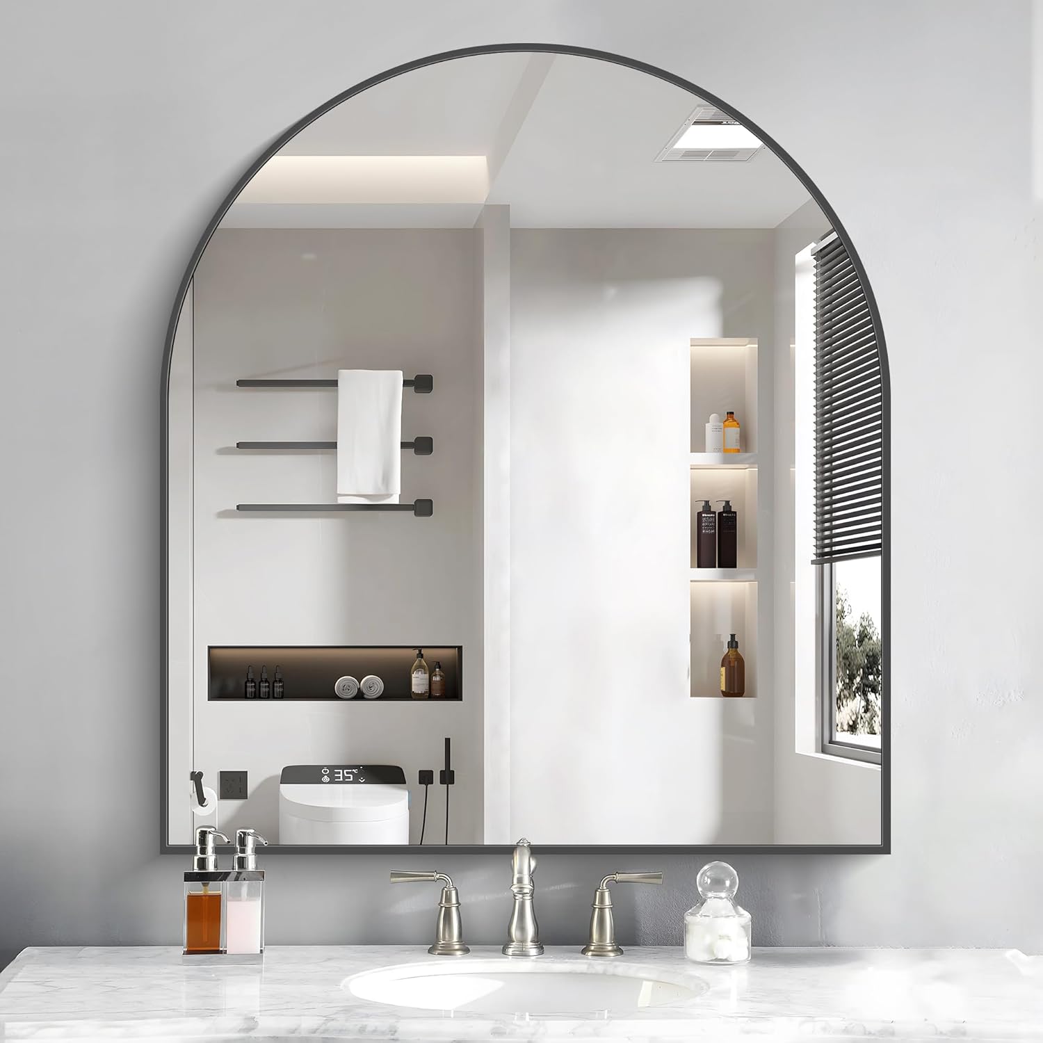 Black Arch Mirror, 36”x40” Black Mirror for Bathroom, Wide Arched Bathroom Mirror with Metal Wall Mounted Mirror for Bedroom Living Room Entryway Modern Black 36x40inch