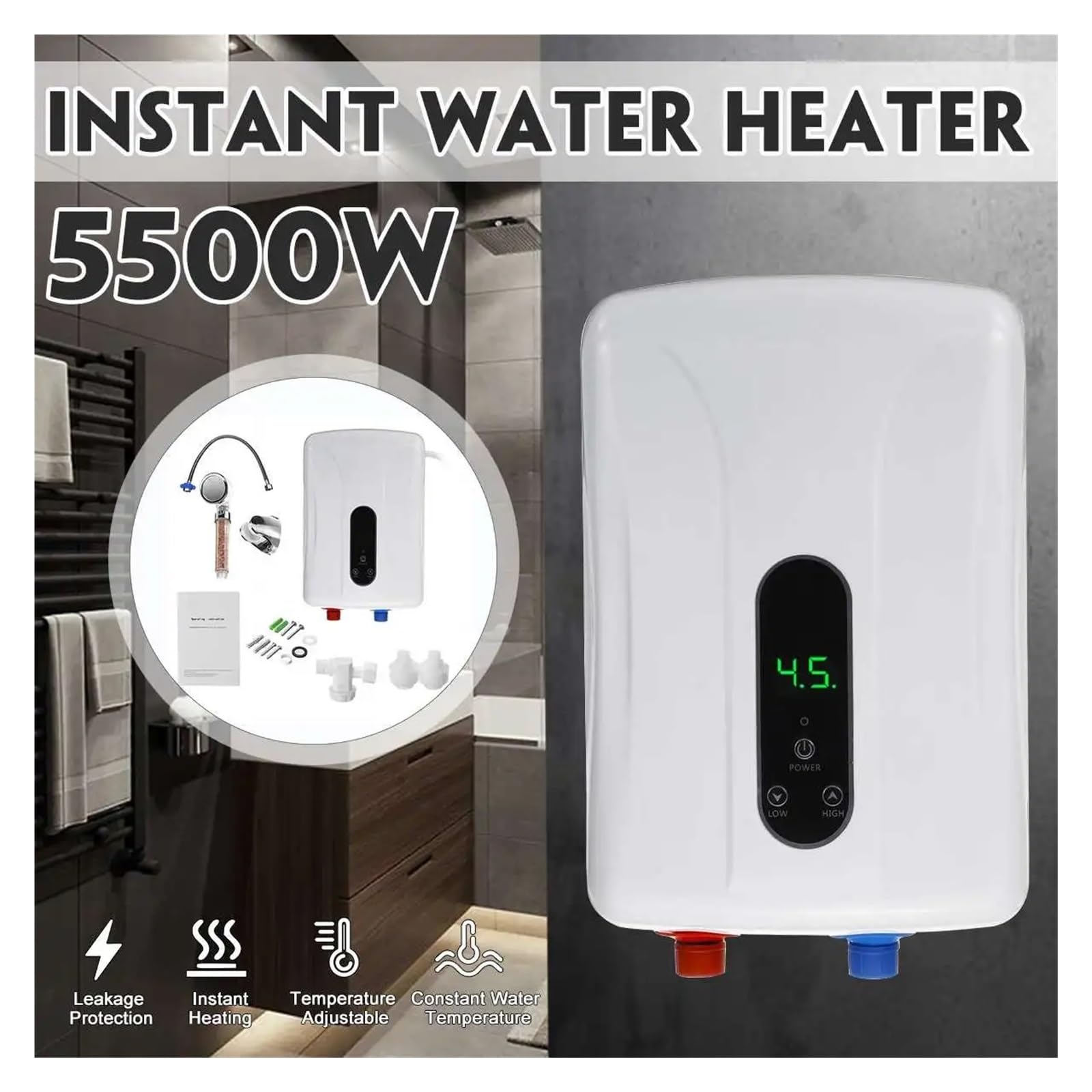 Elektryczny podgrzewacz wody, 5500W Mini Elektryczne Podgrzewacze Wody Natychmiastowy Elektryczny Podgrzewacz Ciepłej Wody Bezpieczny Prysznic Inteligentne Elektryczne Podgrzewacze Wody do kuchni, łaz