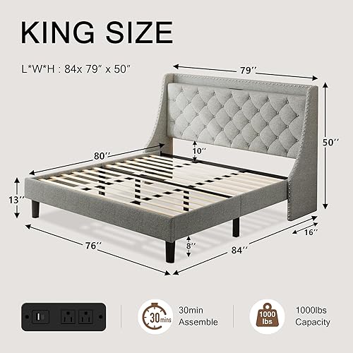 Miniatura 16 de Base de cama tamaño Queen con cabecero de almacenamiento capitoné con botones en la parte trasera y puertos tipo CA, plataforma tapizada, soporte de