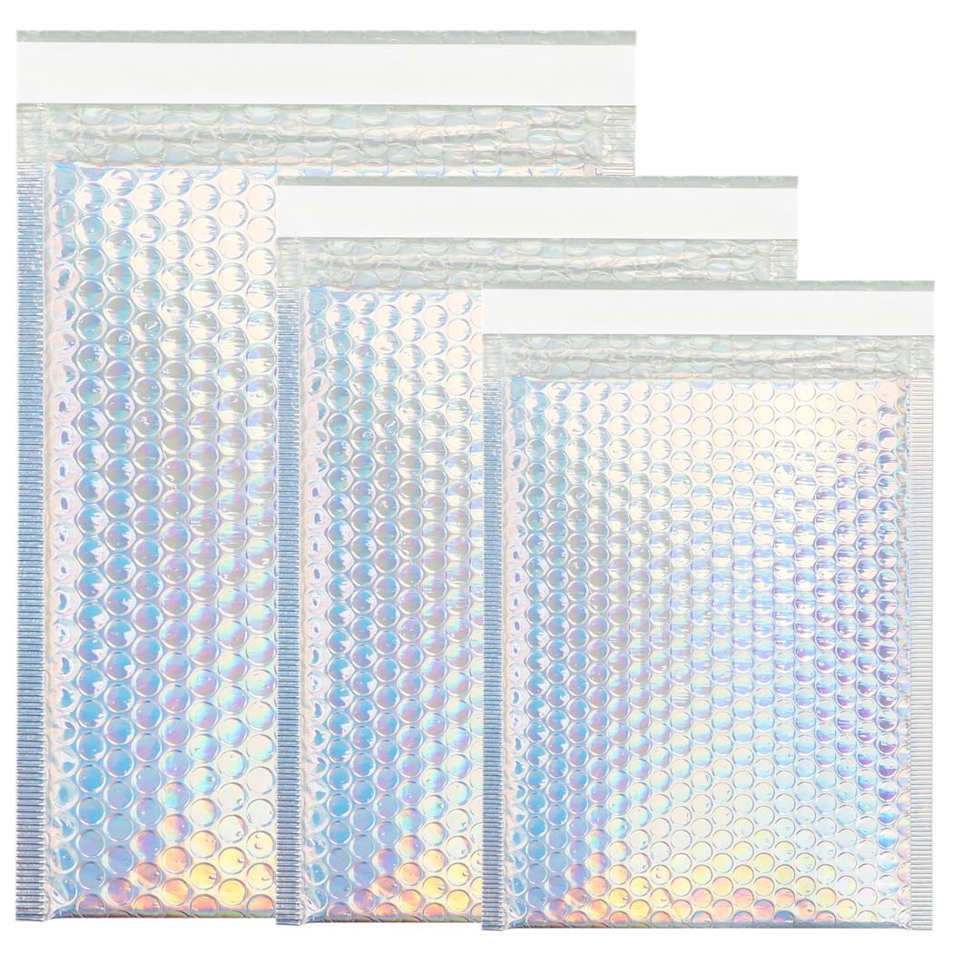 50 buste metalliche a bolle d'aria, olografiche glamour con chiusura autoadesiva, buste imbottite con fodera a bolle per telefoni, gioielli, strumenti per il trucco