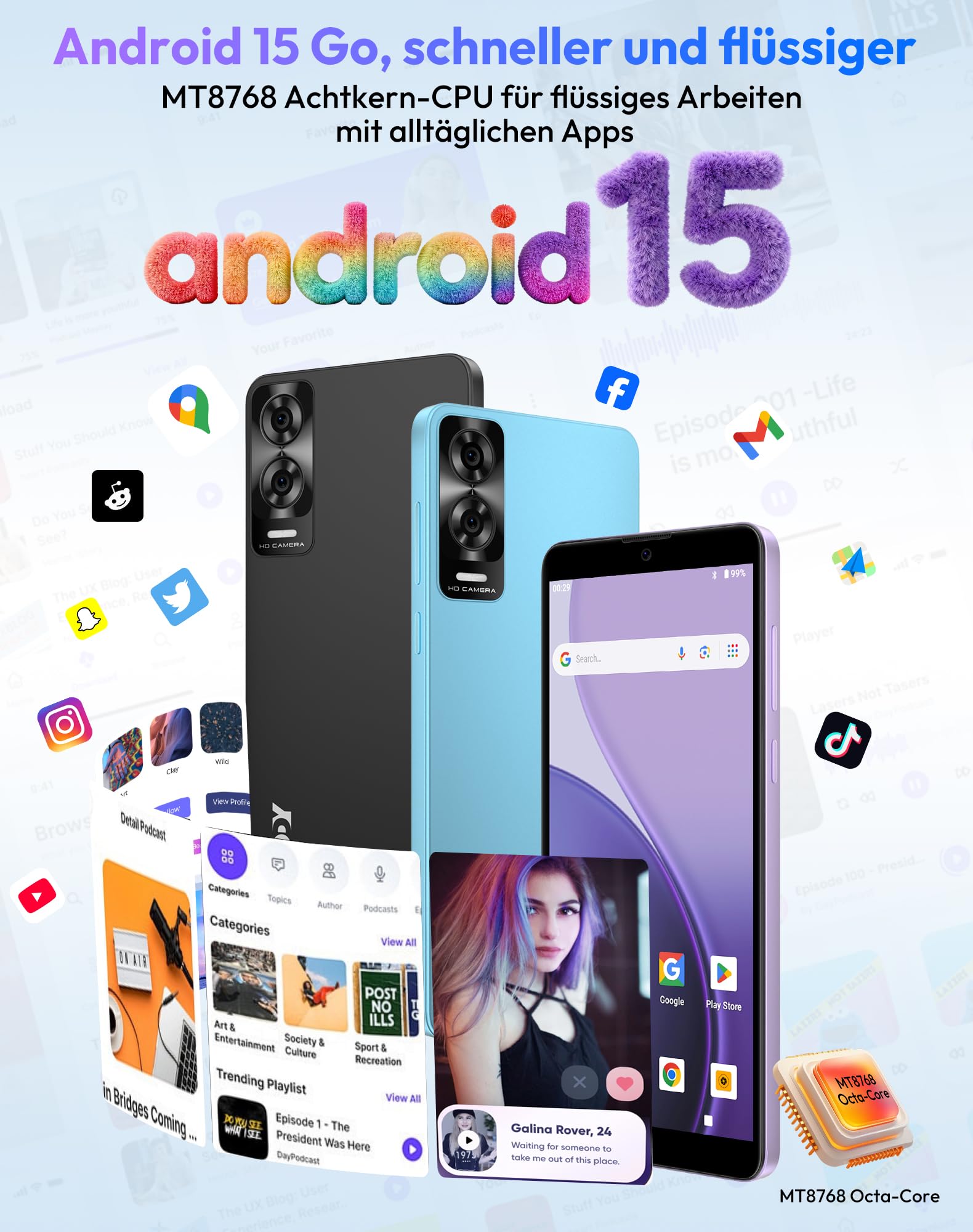 XGODY X33 Smartphone Ohne Vertrag, 6 Zoll 4G Dual SIM Günstig Handy, Octa-Core, Android 15 Go, 3GB+32GB/128GB Erweiterbar, 8MP+5MP Kamera, Face ID, GPS, Blau