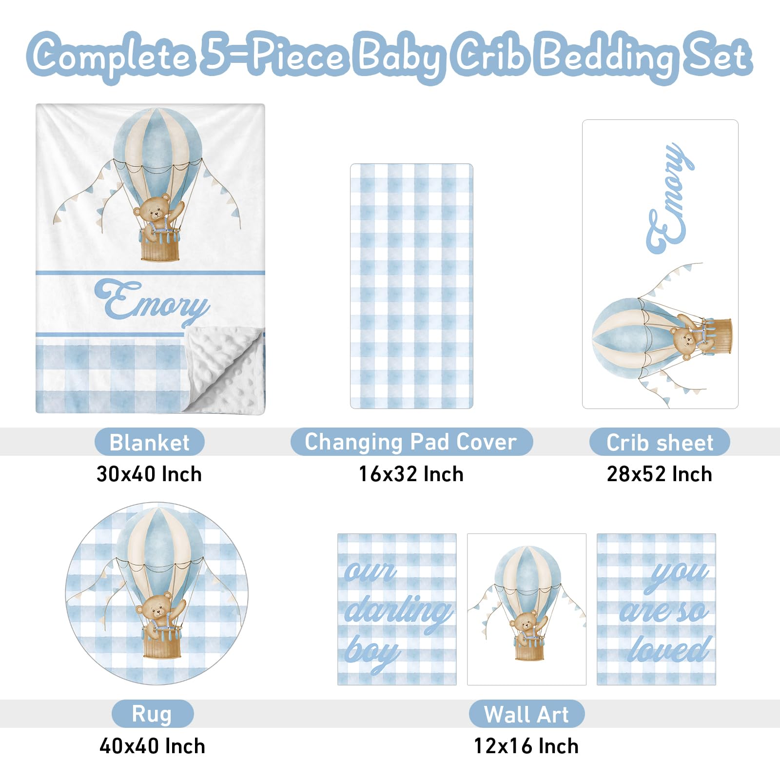 Personalized Baby Crib Bedding Set, 5 Piece Custom Name Baby Crib Bedding with Blanket, Fitted Sheet, Rug, Changing Pad Cover, Wall Art for Infant Toddler Boys Girls, Gift, Balloon Bear Theme