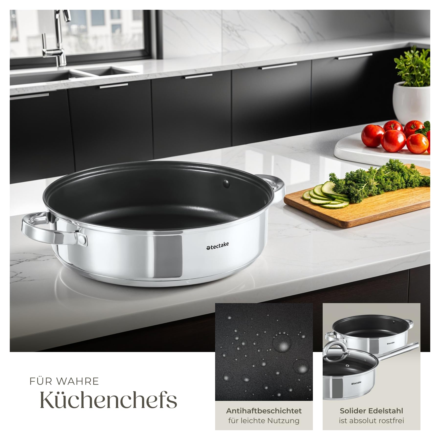 tectake® 15-tlg. Topfset, Edelstahl Kochgeschirr, Bratpfanne und Töpfe Set mit Deckel, Kochtopf Set für Induktionskochfeld, Gas- und Elektroherd geeignet, Topfsets für Camping und Wohnung, Küchensets