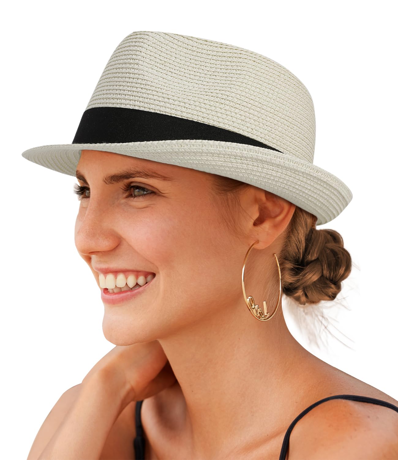 Creekstone Straw Fedora Sun Hat for Women Men Short Brim Panama Trilby Beach Hat Packable Summer Hat UPF 50+ (UK, Alpha, L, Ivory)