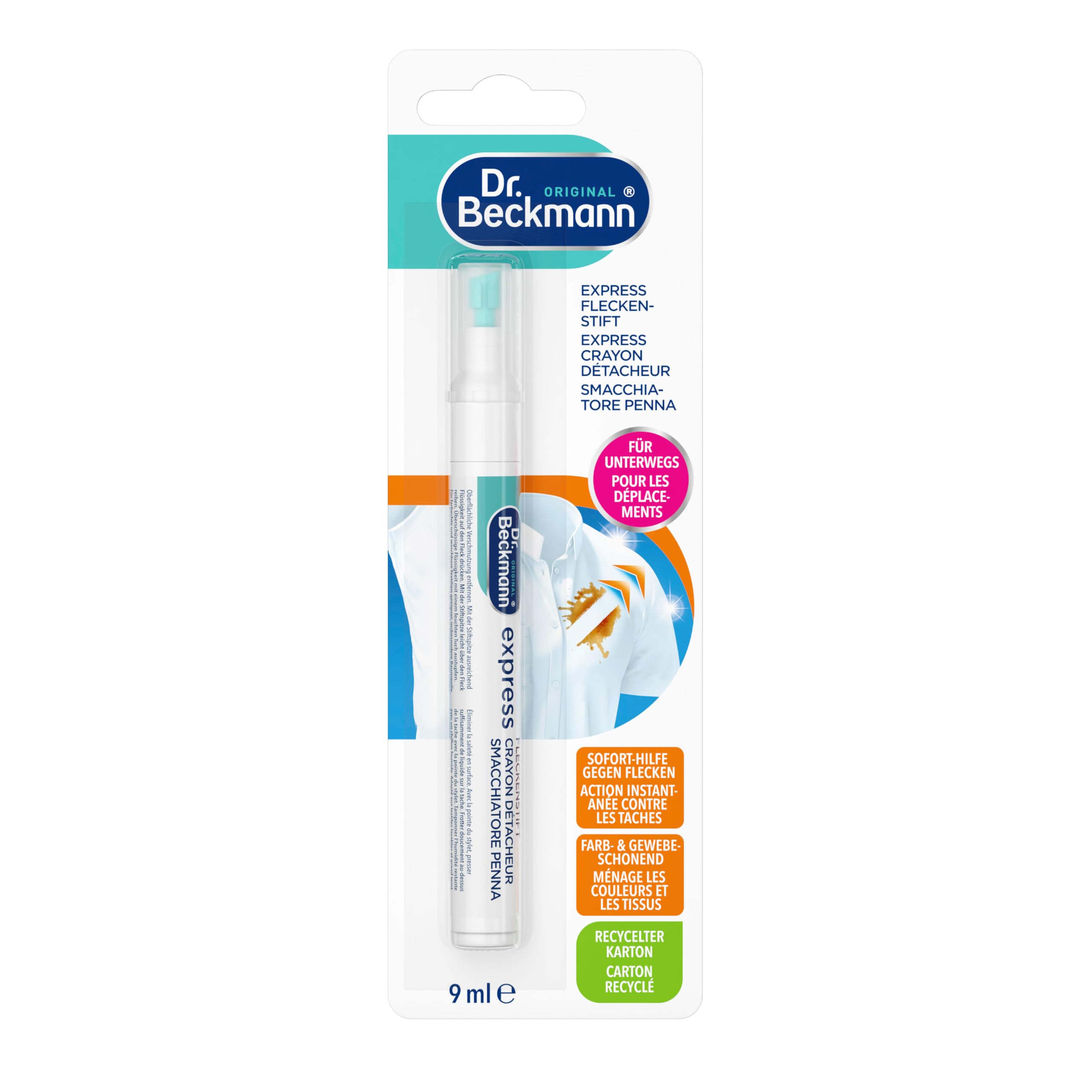Dr. Beckmann eXpress Fleckenstift | Fleckenentferner für unterwegs | 9ml | Soforthilfe ohne Auswaschen | Spitze zum gezielten Auftragen