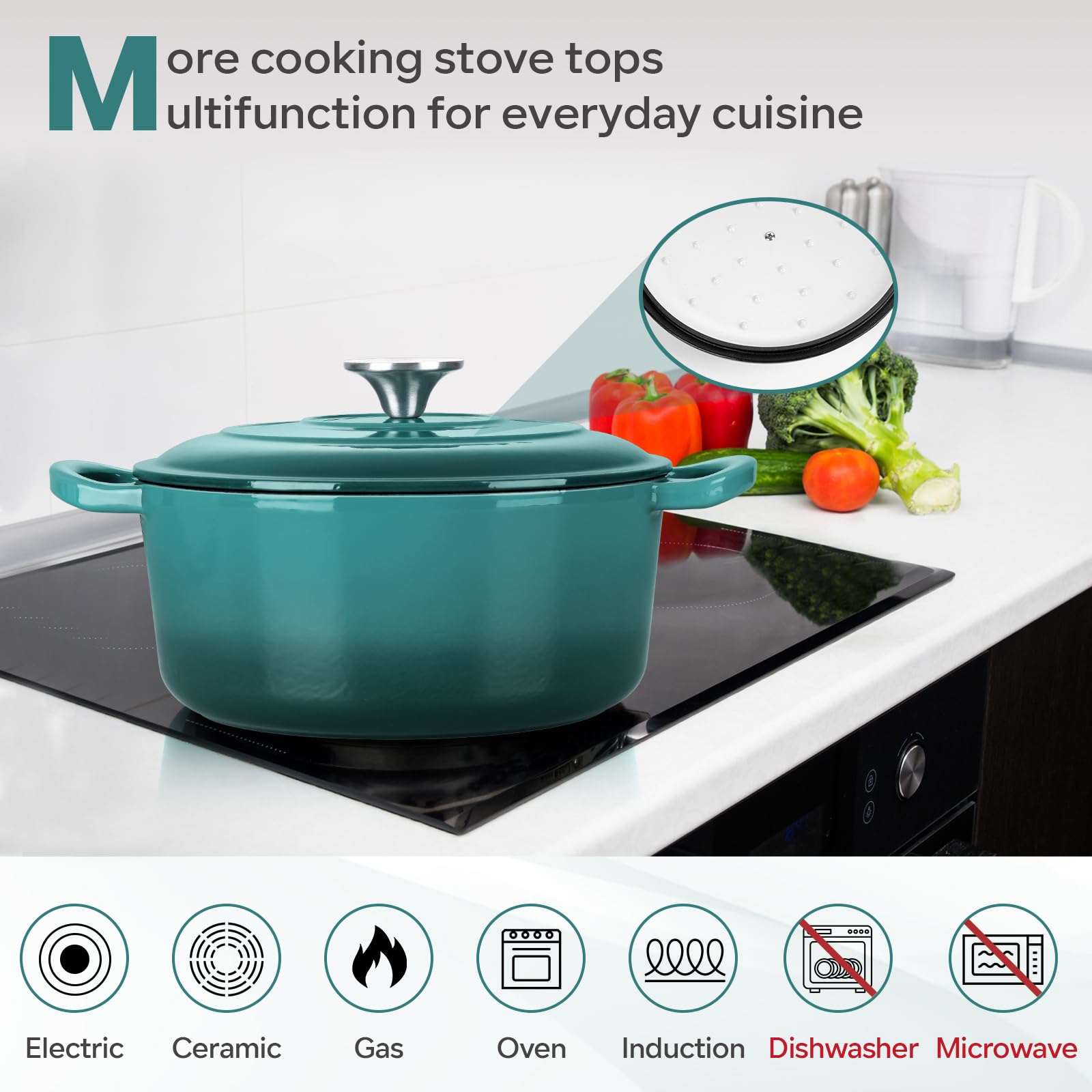 HaSteeL Forno olandese in ghisa da 6 litri, antiaderente smaltato, pentola con coperchio, pentole rotonde antiaderenti per lievito naturale, pane, arrostire, stufare, brasare, friggere, resistente e