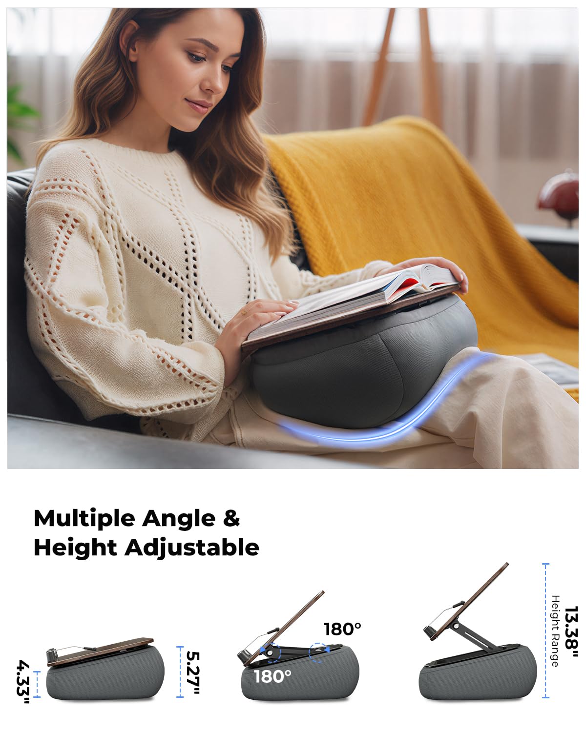 Viozon Support de livre pour lire au lit, avec rangement, bureau sur les genoux, pour livre A3 ~ A5 et tablette/ordinateur portable de 17,8 à 15", coussin de lecture, support de page, support de livre