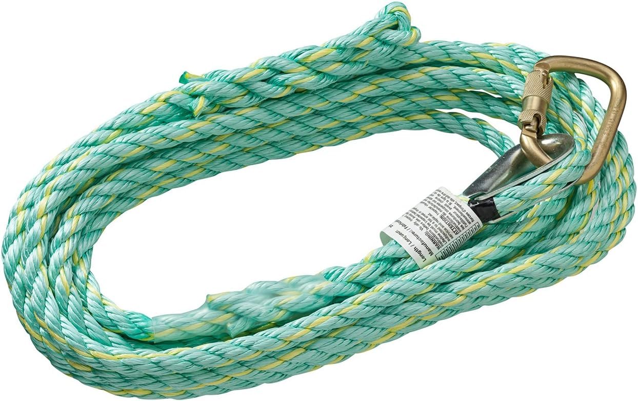 Peakworks Fall Protection Premium Vertical Lifeline Rope with Back Splice and Carabiner, 25 ft. Length, Green, V84013025