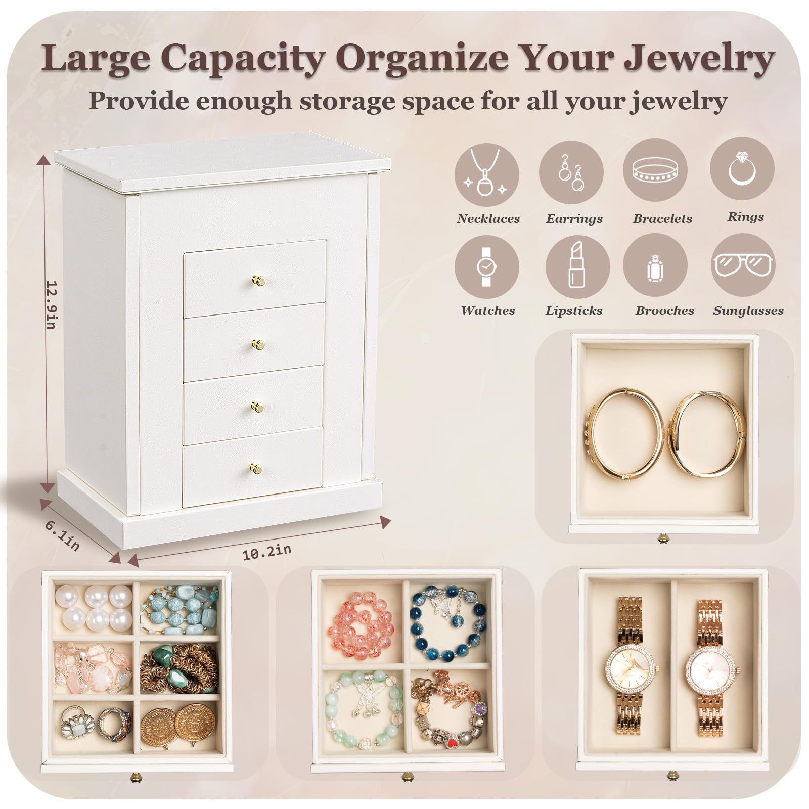 Schmuckkästchen, Schmuckaufbewahrung, Schmuckkasten Groß Leder für Halsketten Ohrringe Armbänder Ringe, 5 Ebenen Schmuck Organizer Schmuckbox mit Schubladen und Spiegel (Weiß)