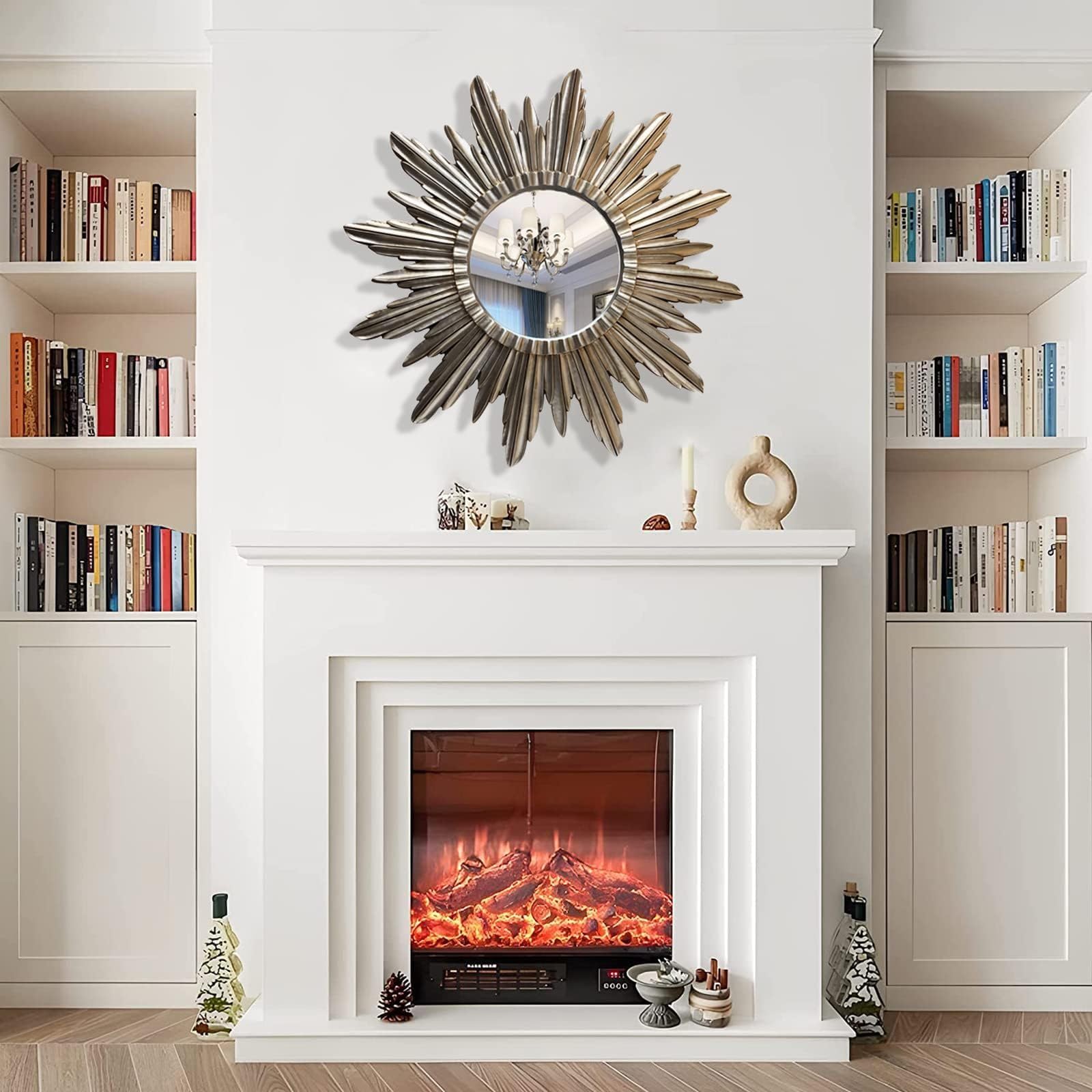 Specchio da Parete 46” Sunburst - Specchio da Parete Rotondo a Raggi di Sole Realizzato a Mano Specchio Decorativo Moderno per Soggiorno, Camera da Letto e Ingresso, Silver
