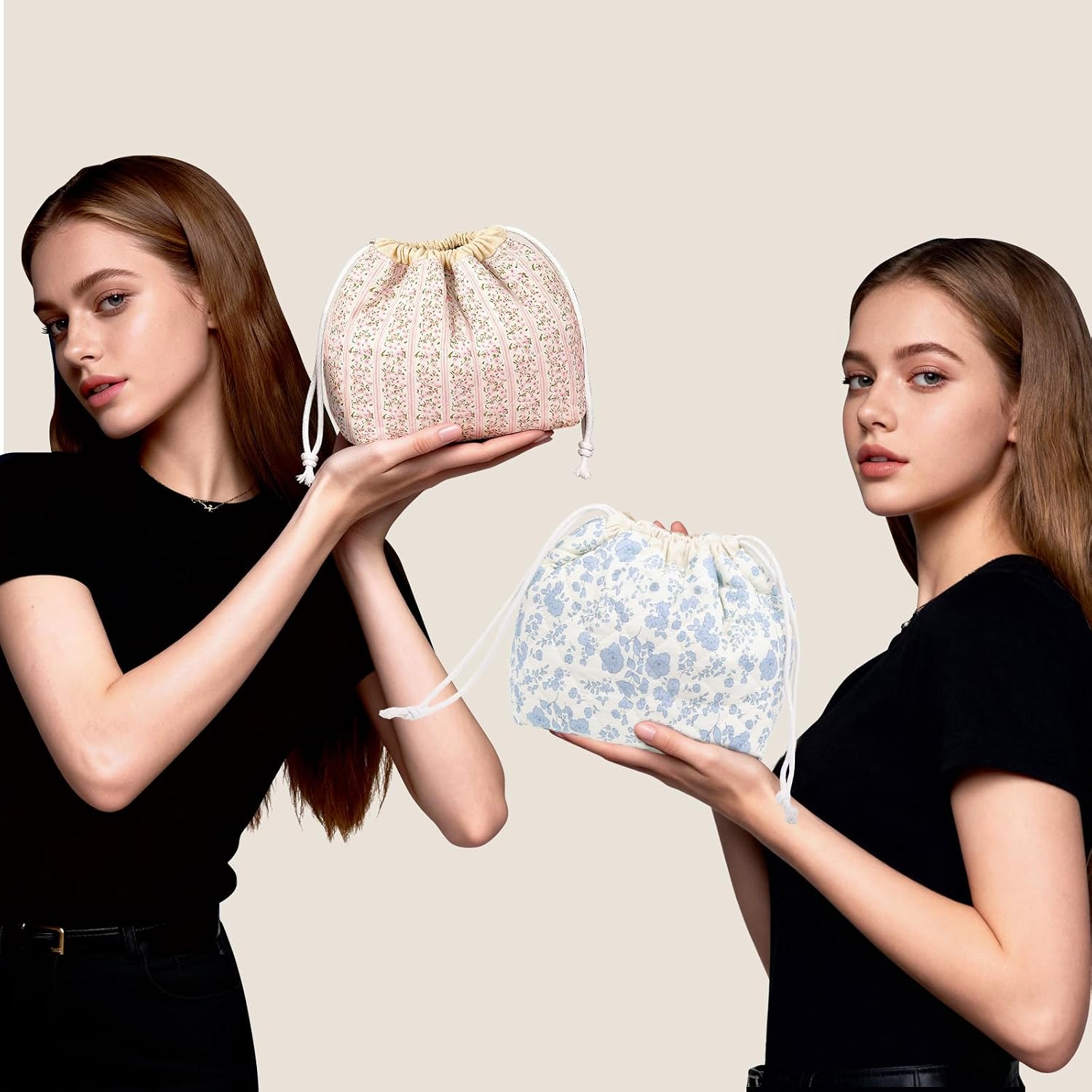 Gosect Large Makeup Bag, Cute Drawstring Cosmetic Bag with Canvas Lining, Floral Coquette Aesthetic Toiletry Bag, Travel Make Up Organizer Bag for Women and Girl (Blue Flower) thumbnail
