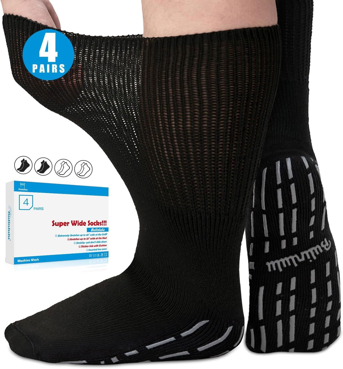 Bulinlulu Extra Width Diabetic Socks Men Women-4 Pairs Wide Edema Sock for Swollen Feet,Non Slip Cast Bariatric Socks 13-15