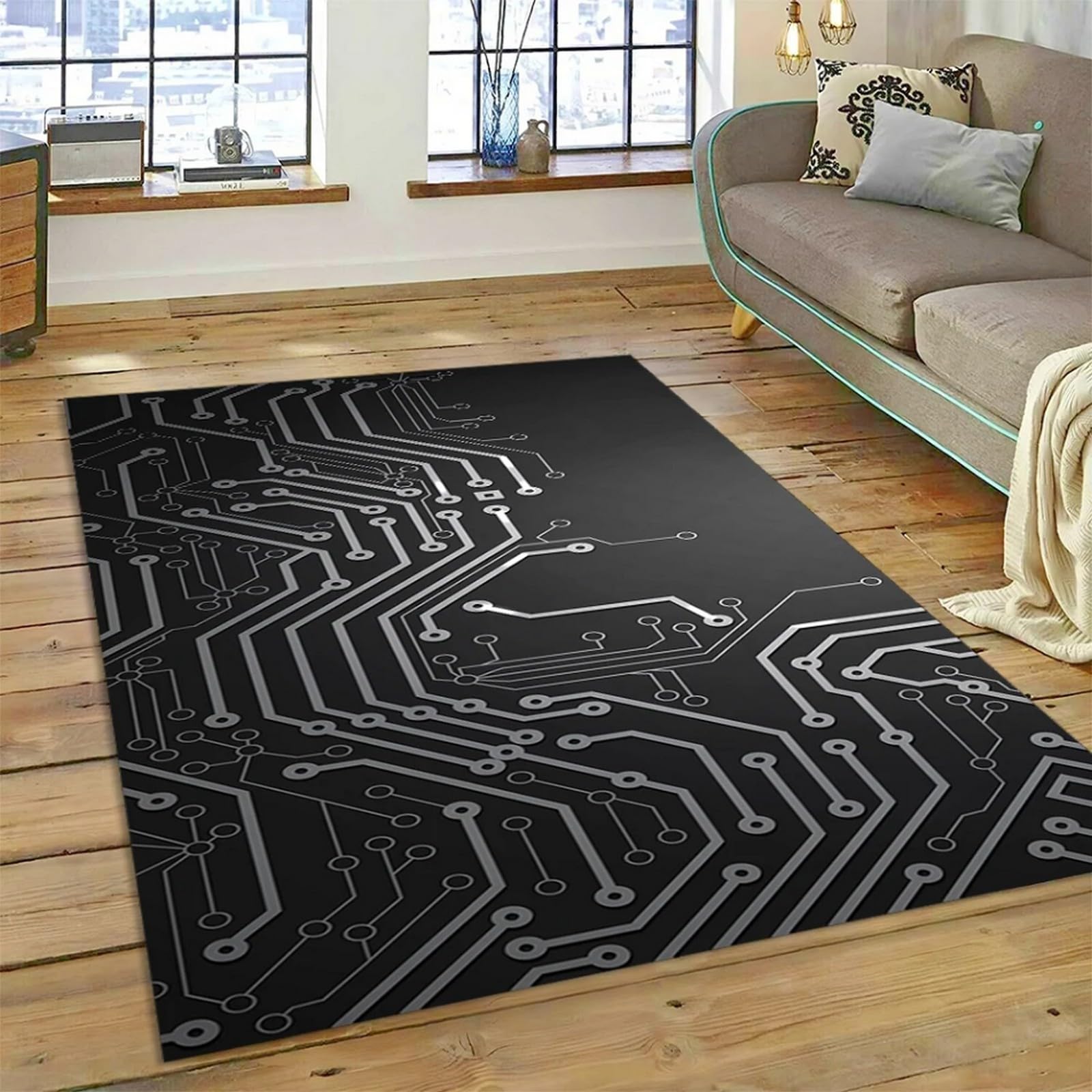 Tapis de salon circuit imprimé 3D en polyester doux et antidérapant pour chambre