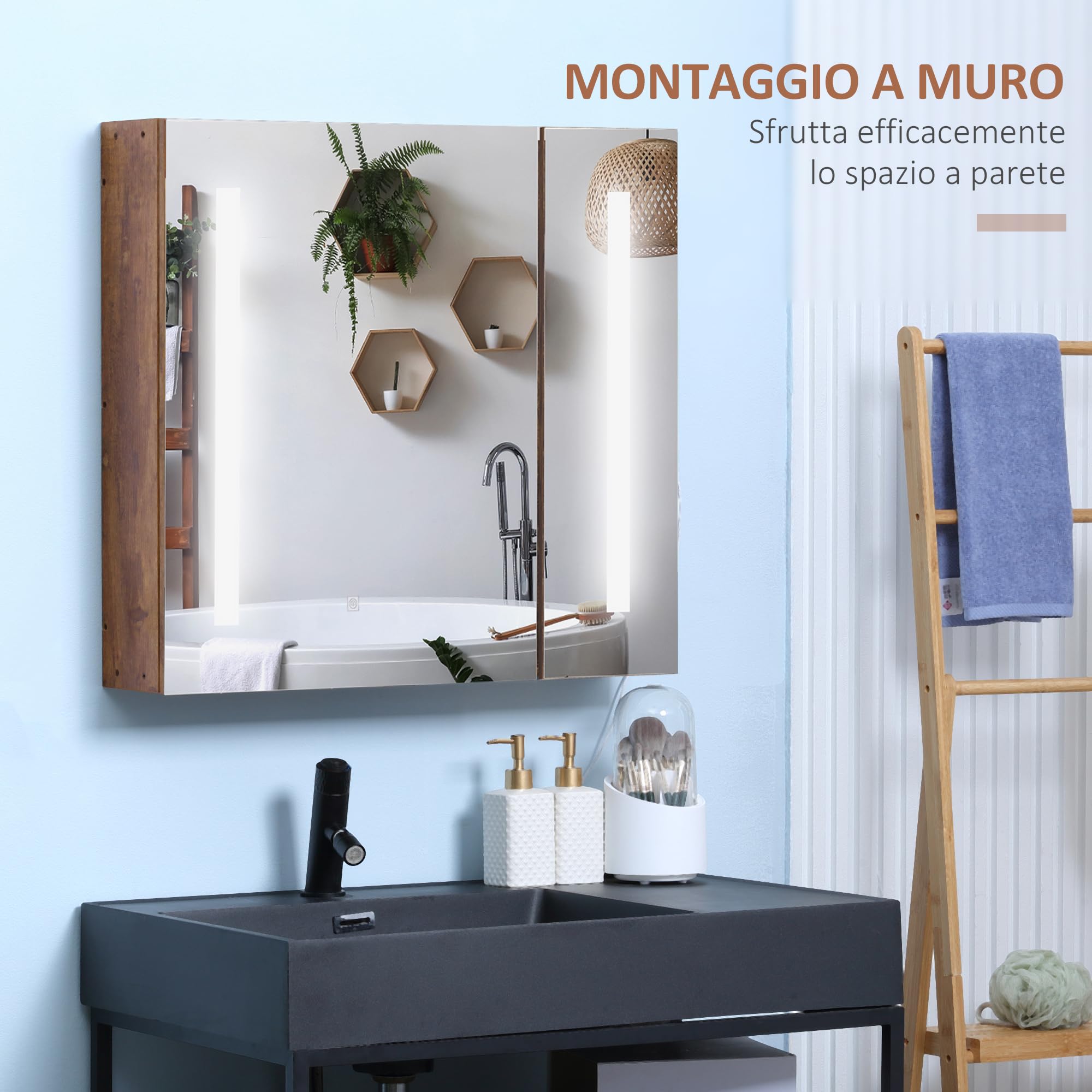 kleankin Specchio Bagno Contenitore con Luci LED Regolabili, Armadietto Bagno con 2 Ante a Specchio e Mensola Regolabile, 70x15x65cm, Marrone