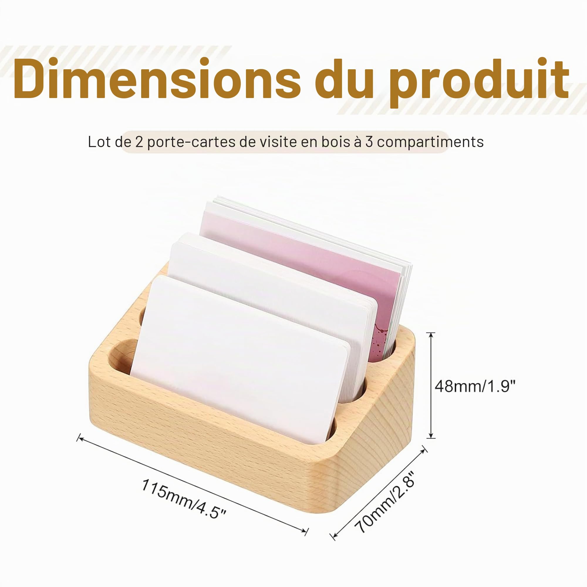 Lot de 2 organiseurs de cartes de visite en bois - Structure à trois couches - Pour bureau, salon, plateau de table, exposition, maison