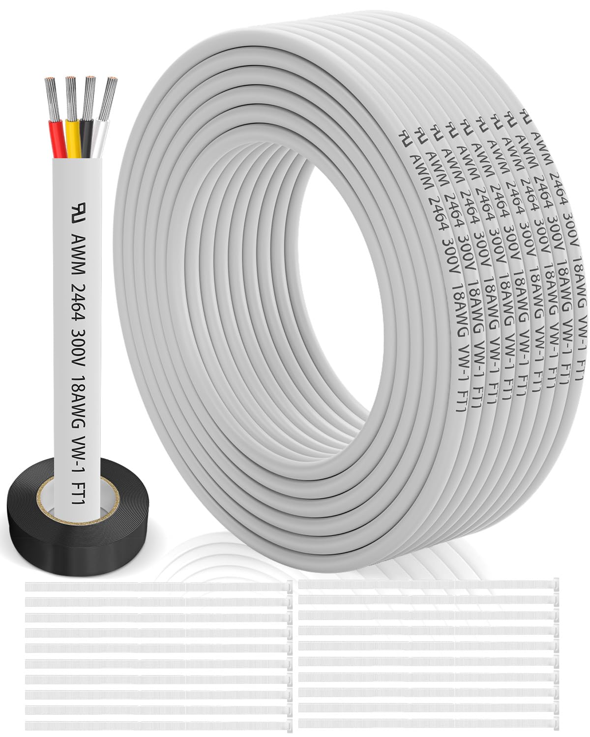 18 Gauge Wire 4 Conductor Electrical Wire 100FT, 18 AWG 4 Core Cable Tinned Copper/PVC Flexible/Stranded 18/4 Cord for Automotive, LED Lighting, 12V 24V Low Voltage Cable, Marine etc.