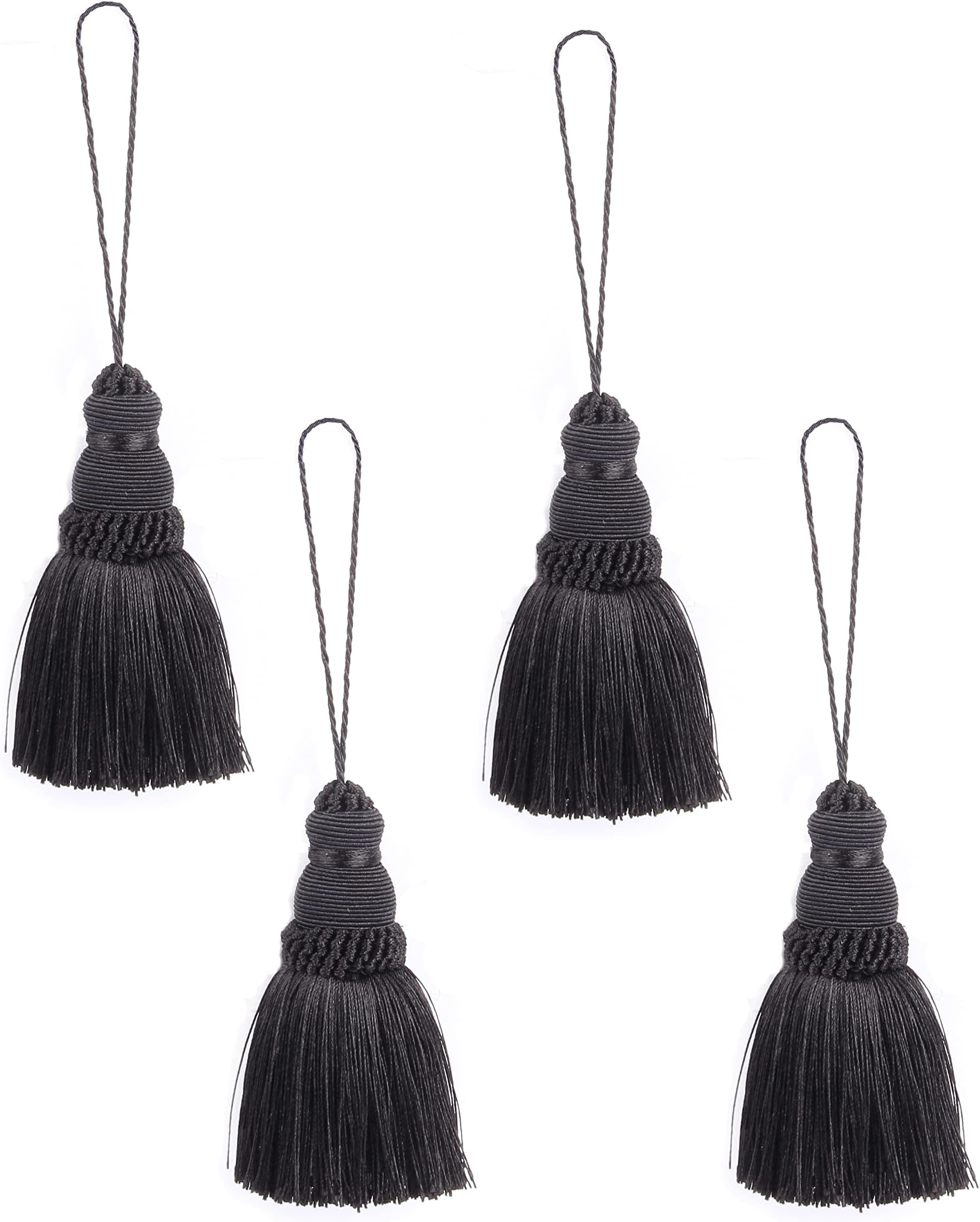 BEL AVENIR 4Pcs Tassels Key Tassel with Loops Handmade Craft Charms DIY Accessories Elegant Soft Making Curtain Home Decoration (Black, 4 pcs)