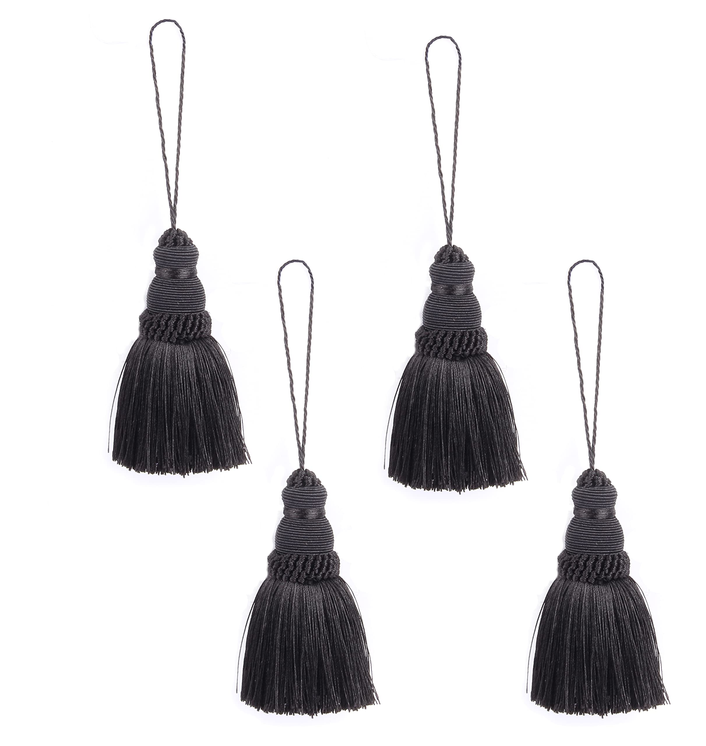BEL AVENIR 4Pcs Tassels Key Tassel with Loops Handmade Craft Charms DIY Accessories Elegant Soft Making Curtain Home Decoration (Black, 4 pcs)