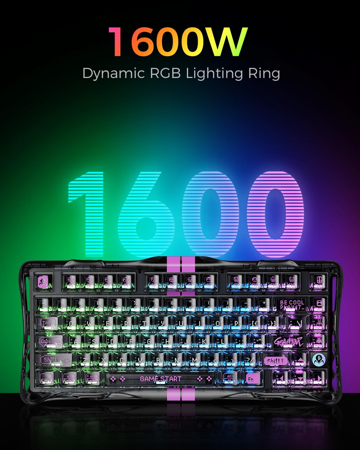 GravaStar Mercury Klawiatura do gier z serii V75, efekt Halla, tylko przewodowa, układ 75%, klawiatura do gier z przełącznikami magnetycznymi, hot swap, 8000 Hz, dwustrefowa RGB (przezroczysta czarna)