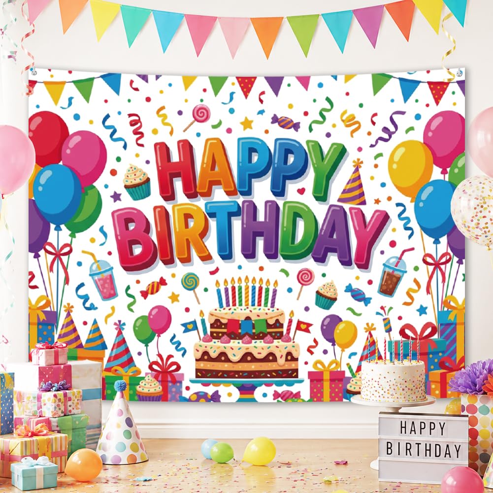 arricraft 1pc Happy Birthday Backdrop Tapestry, Cake Balloons Gifts Patterns Photography Background Decorative Tapestry and Wall Hanging Art for Bedroom Living Room Party Porch Home Decor 35x47 Inches