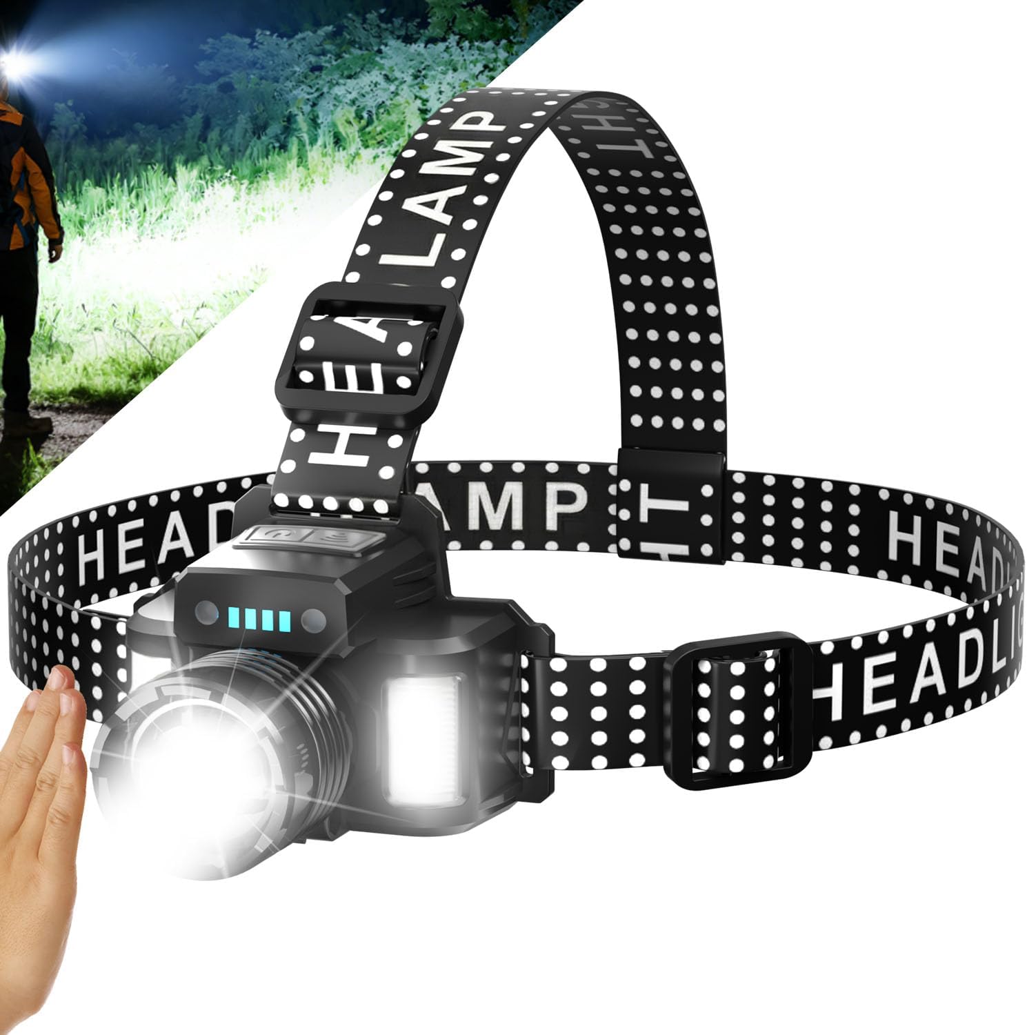 SKYFIRE 2000 Lumens Rechargeable Headlamp, Super Bright LED with Motion Sensor & COB Side Lights, 6 Modes, Zoomable, IPX6 Waterproof, 90° Adjustable Headlight for Camping, Hiking, Running, Outdoor