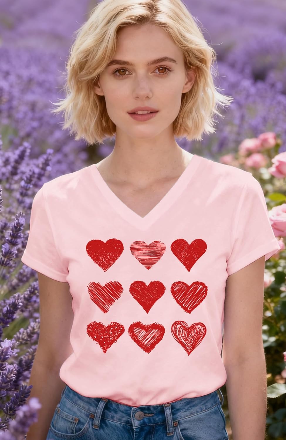 Valentines Shirts for Women Valentines Day V-Neck T-Shirt Heart Tee Tops - Image 4