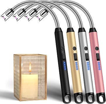 Candle Lighters Long Stem 4 Pcs Electric Lighter Rechargeable Long Matches | Flexible Neck,Windproof Flameless Arc,Safety Lock,Battery Indicator,Long Lighters for Grill,StoveBlack,Gold,Pink,Silver