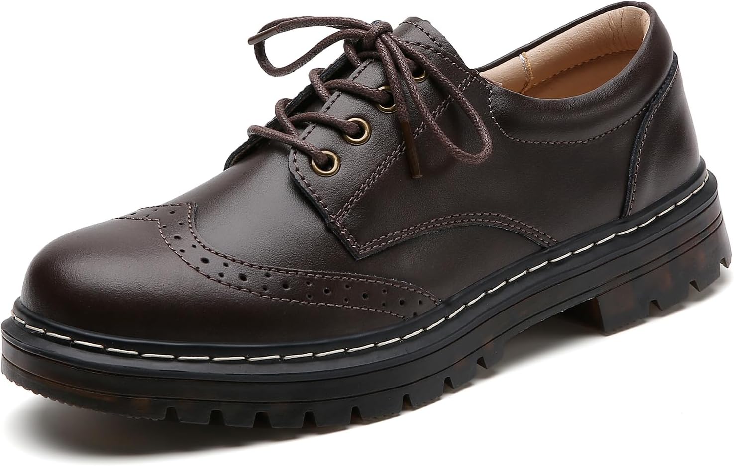 Women's Vintage Oxford Shoe,Perforated Lace-up Round Toe Leather Low Heel Brogues Shoe for Girls Ladies Women