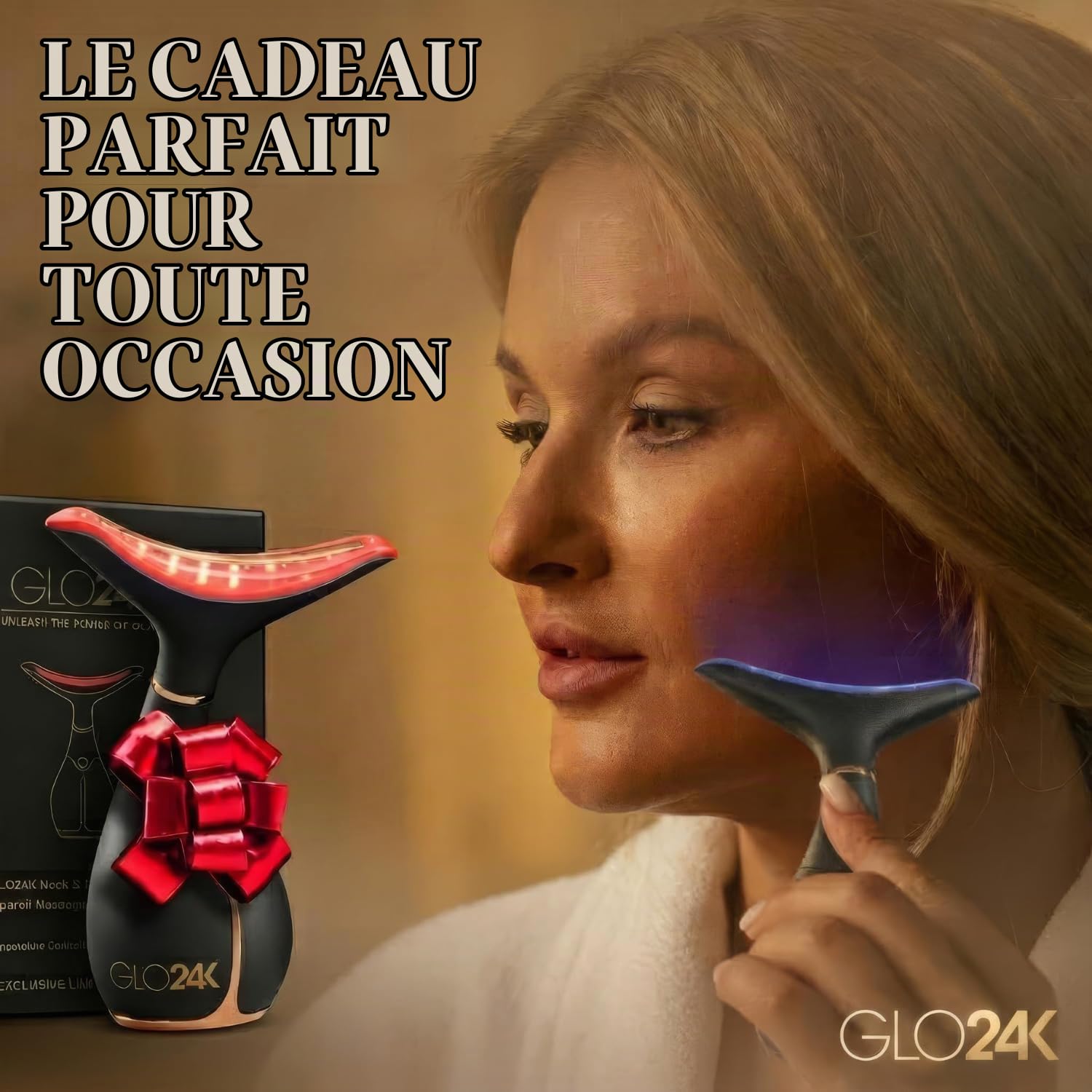 GLO24K Beauty device for skin rejuvenation on the face and neck Based on triple action LED technology, thermal and vibration Lifts and tightens sagging skin for a glowing appearance.