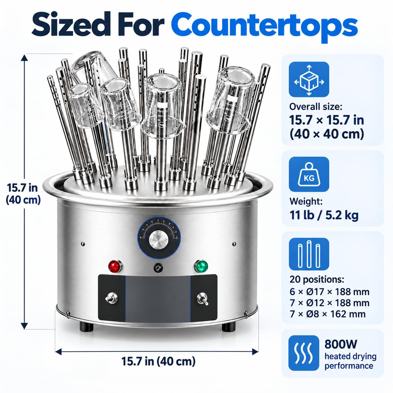 Stendino per vetreria da laboratorio, 20 posizioni, 40-120°C, 800 W