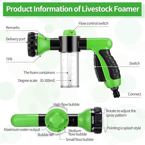 Miniatura 2 de 2 boquillas de manguera con dispensador de jabón, cepillo de goma para peine y espumador en aerosol para ducha de mascotas, botella rociadora de