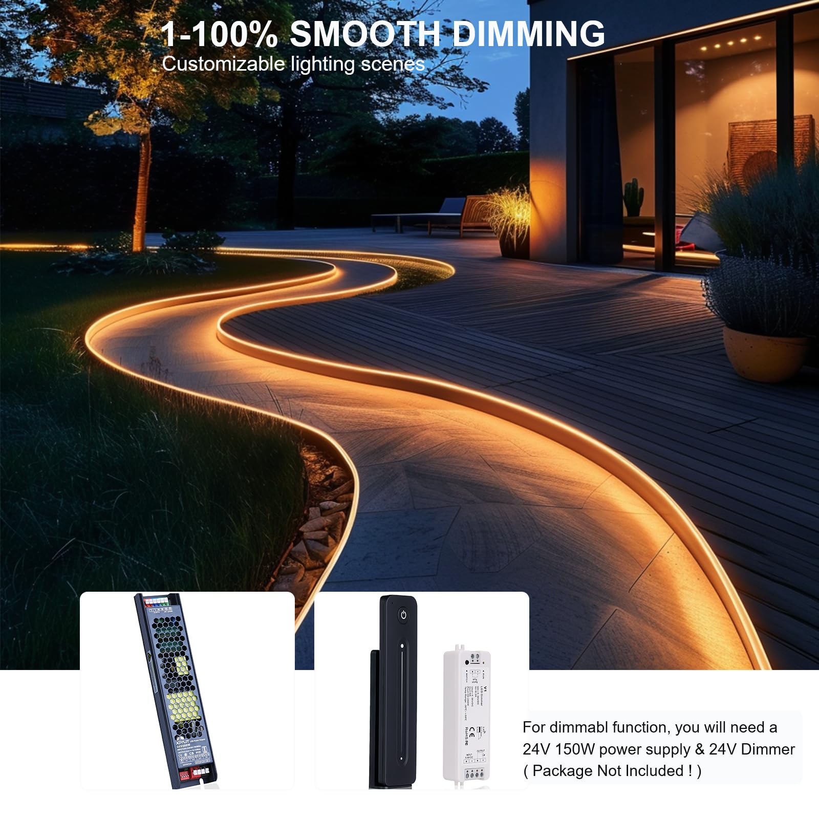 JOYLIT LED Streifen 24V 5M Wasserdicht Warmweiß 3000K CE, 3300LM/M Extra Hell 26W/M Dimmbar CRI 90+,COB Effekt Ohne Punkte 256LEDs/M, Unsichtbare LEDs, Flex Lichtband für Küche, Bad (Nur Licht)