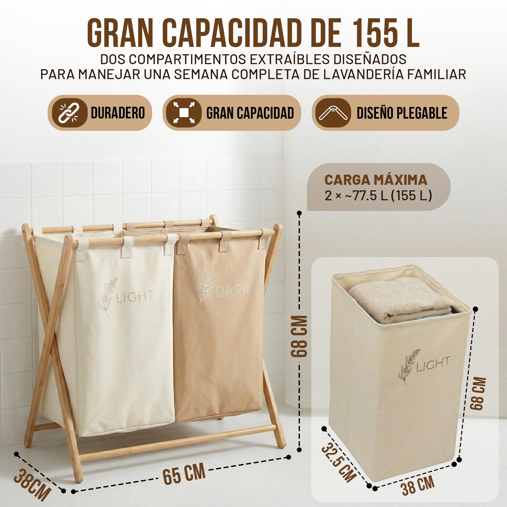 CUQUI Cesta Ropa Sucia Bambú, Cesta Ropa Sucia Dos Compartimentos XXL 155 Litros, Cesto Colada Doble Madera con Bolsas Extraíbles Lavables, Mueble Clasificador Familiar Grande para Baño
