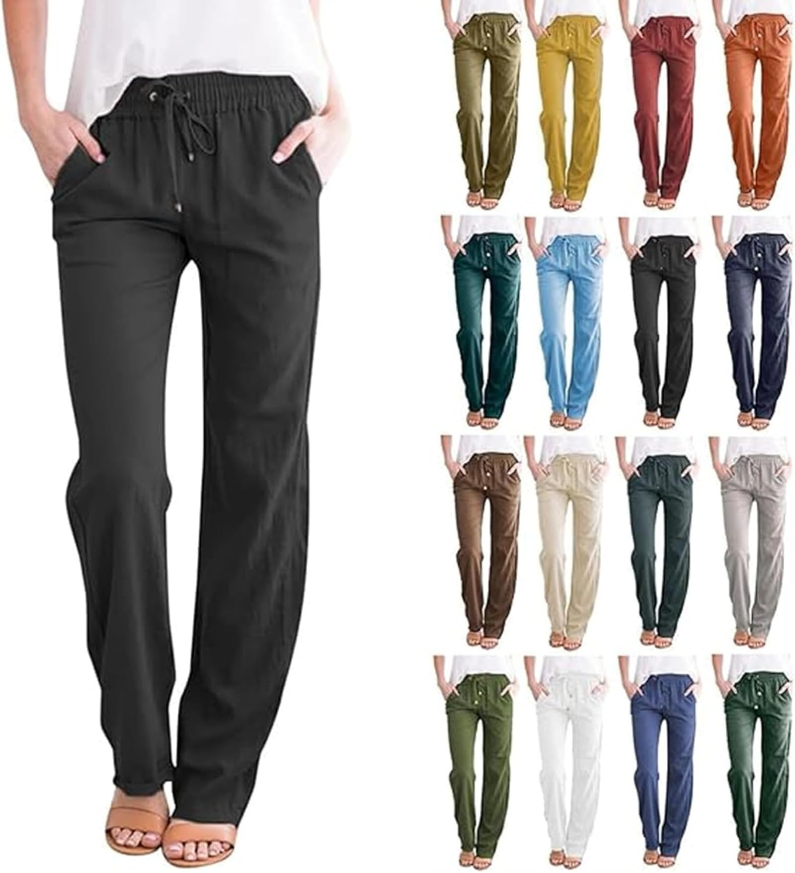 Women's A#Black Linen Trousers For Summer Drawstring Elastic Waist Pants Uk Elegant Straight Leg Plain Casual Comfy Lounge Buttoms Joggers