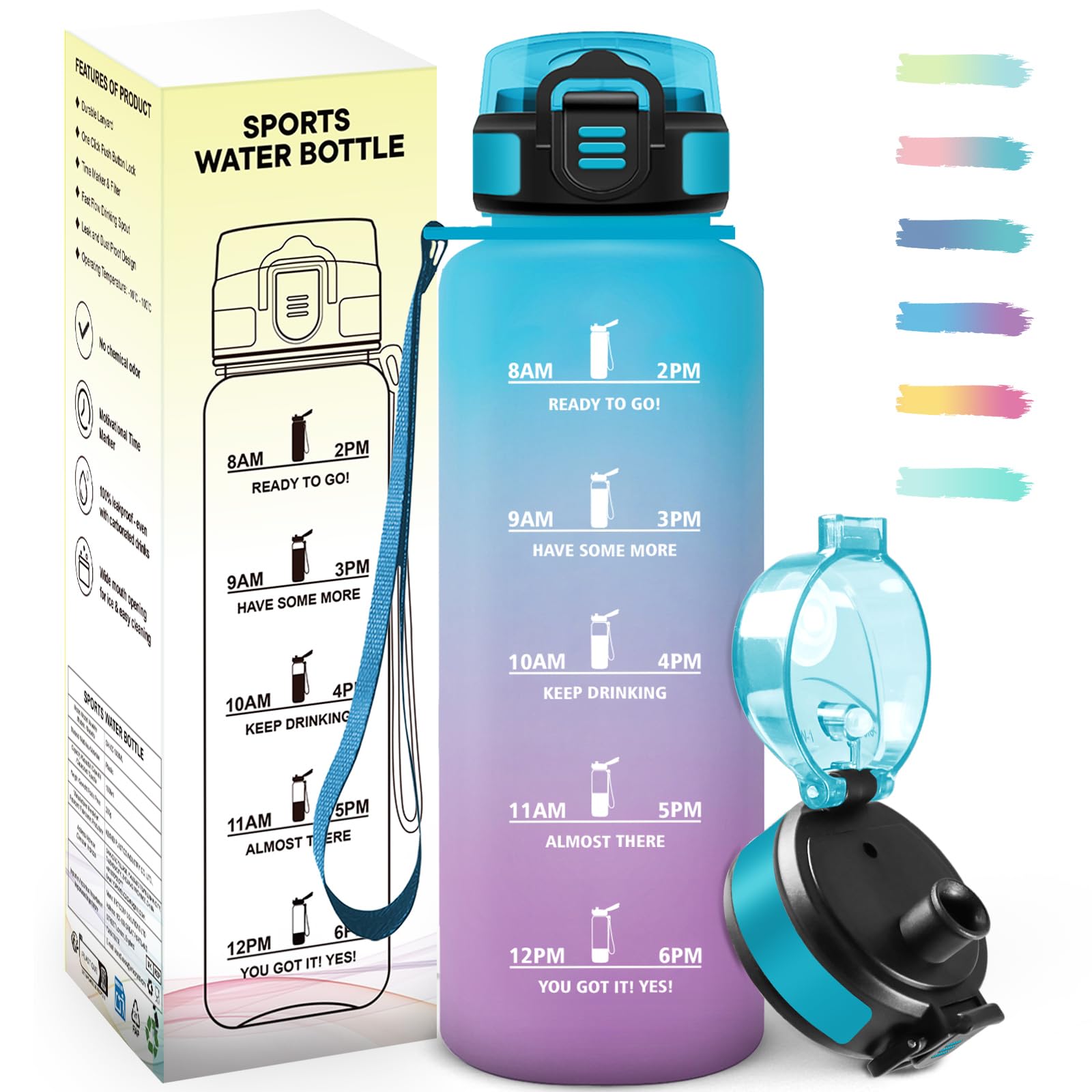 Mulbijeo Trinkflasche 1 5 Liter, Auslaufsicher, Wasserflasche mit Zeitmarkierung, Wiederverwendung, Wasserflasche mit Filter, Trinkflasche Kohlensäure Geeignet für Outdoor, Radfahren, Yoga