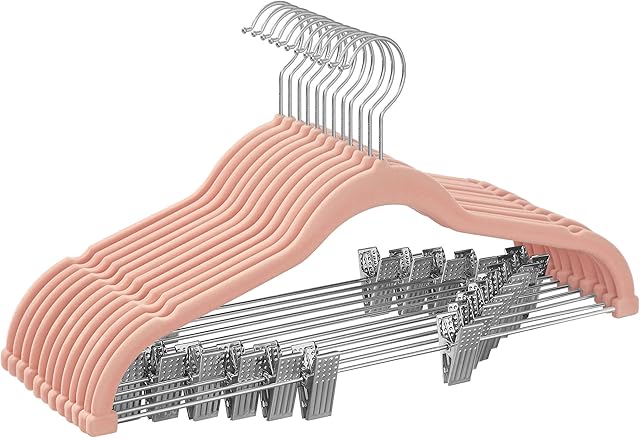 SONGMICS Trouser Hangers, Set of 12 Velvet Hangers with Adjustable Clips, 42.5 cm Long, Non-Slip, Space-Saving, for Skirts, Coats, Dresses, Light Pink CRF12PK